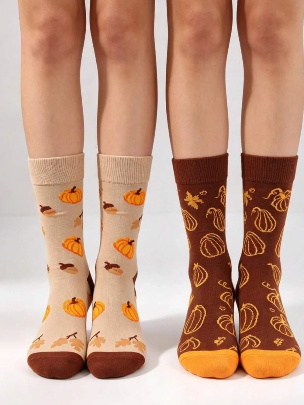 2 Pairs Autumn Pumpkin Acorn Maple Leaf Long Socks ,Vintage Caramel Color